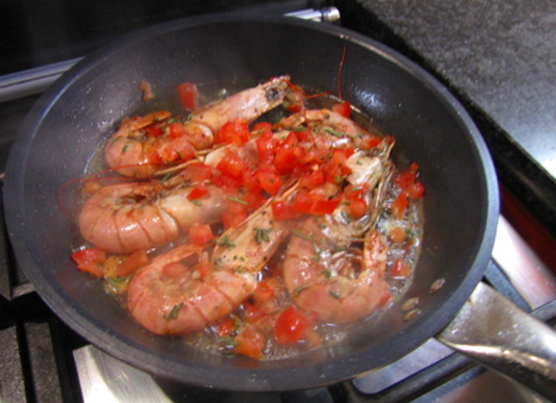 Frying the prawns