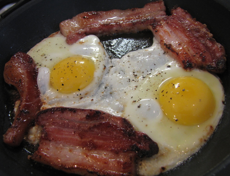 Homemade bacon and fried eggs. Delicious!