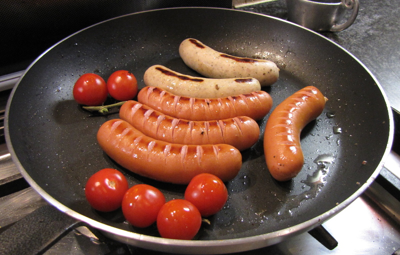 All the German sausages fried together