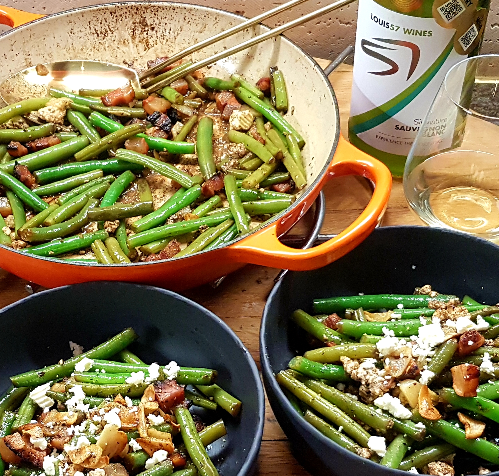Green Beans with Guanciale, Feta and Roasted Garlic